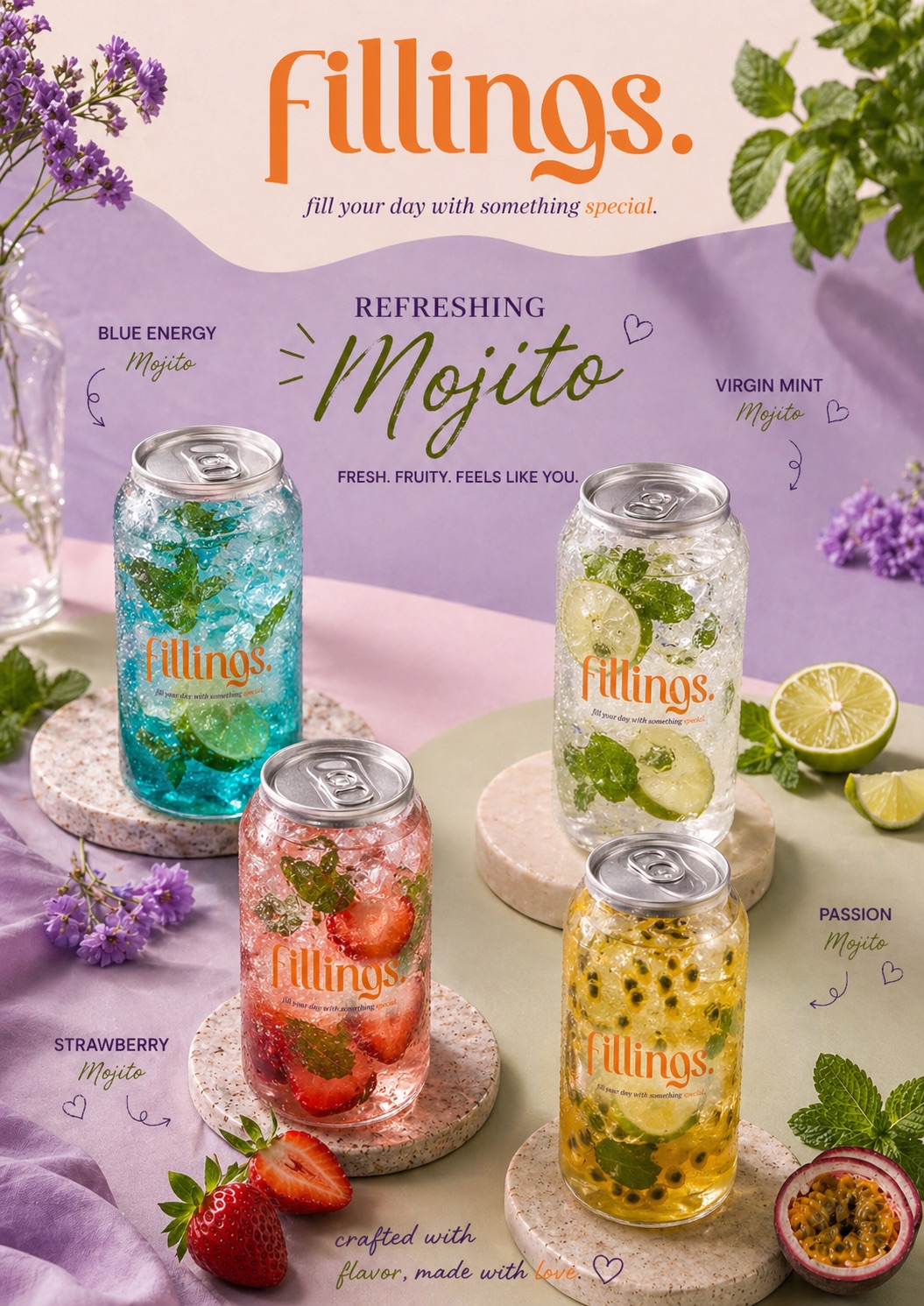 Fillings refreshing mojito drinks — Blue Energy, Virgin, Strawberry and Passion