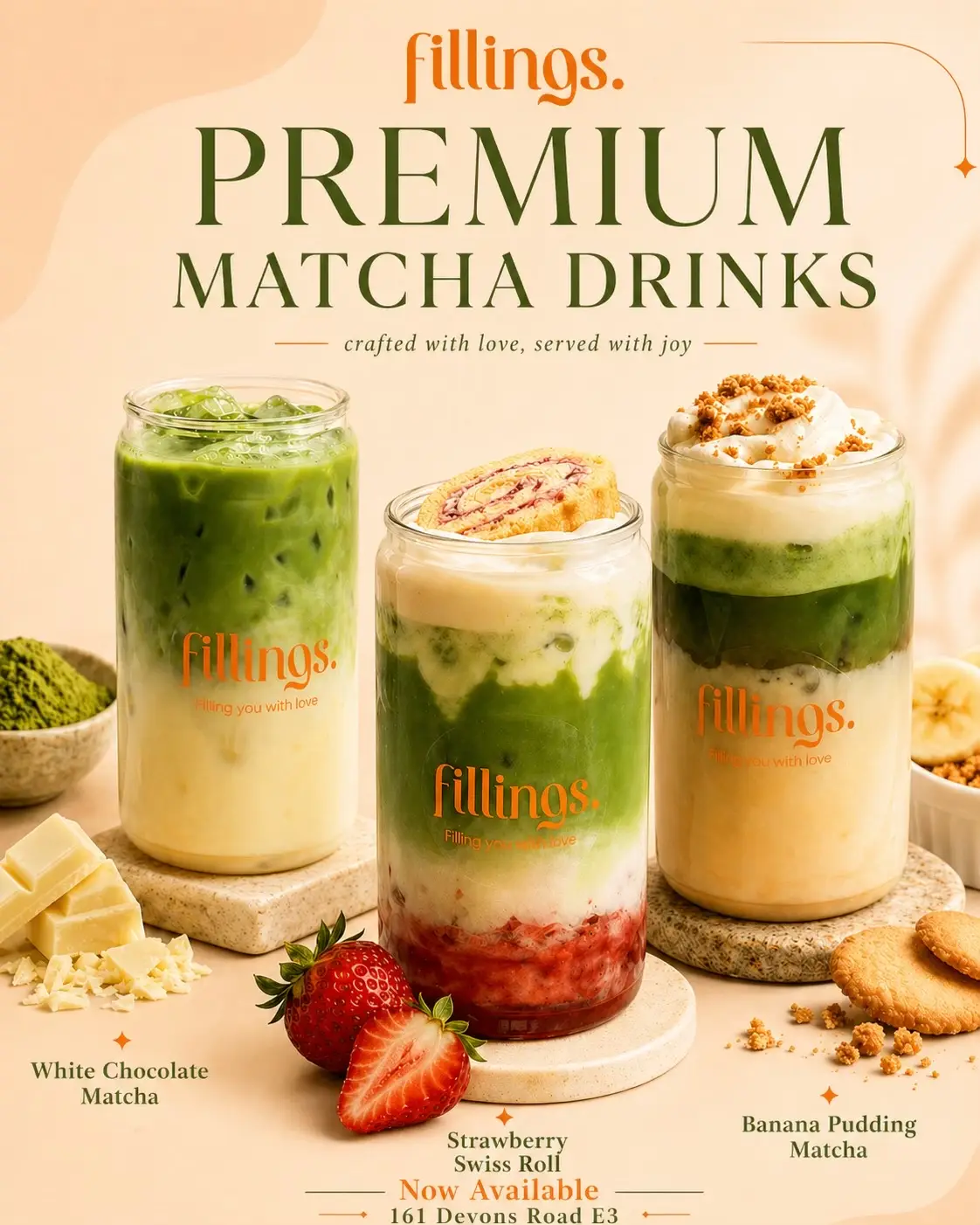 Fillings signature premium matcha drinks — White Chocolate, Strawberry Swiss Roll and Banana Pudding Matcha